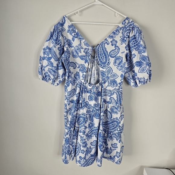 Xirena Nissa Mini Dress Puff Sleeves Santorini Print Size L Euro Summer Coastal - Picture 7 of 16